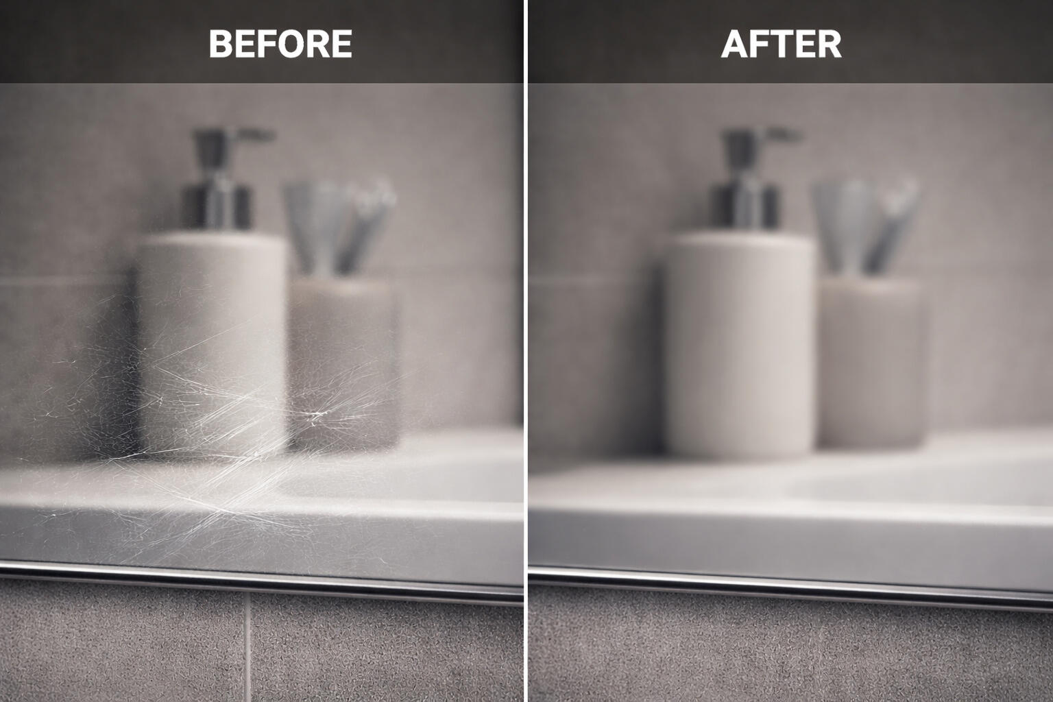 Before and after shot of a mirror with light scuffs and scratches A before and after image. Showing the result of polishing with The Fix Box cerium oxide polish kit